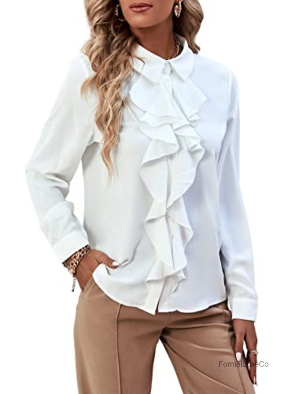 Elegant Ruffle Front Button Down Blouse Long Sleeve Polyester